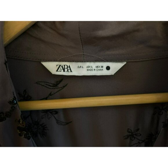 Zara Women's Brown Long Sleeve Sequin Wrap Blouse Large Floral V Neck Night Out - Picture 3 of 4